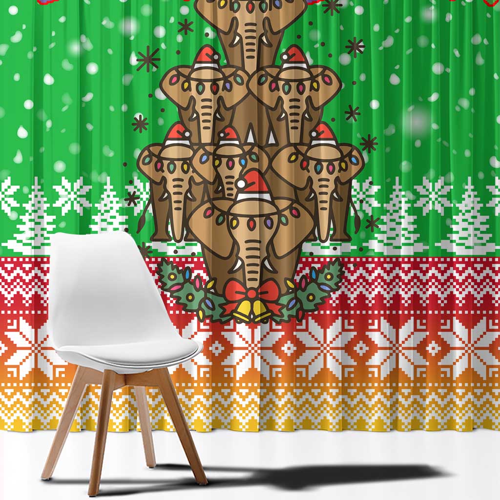 Mali Christmas Window Curtain with Cartoon Elephant Pyramid Snowflakes and Holiday Lights - Wonder Print Shop