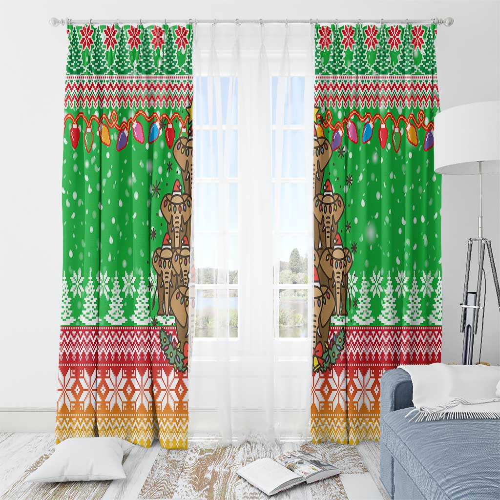 Mali Christmas Window Curtain with Cartoon Elephant Pyramid Snowflakes and Holiday Lights - Wonder Print Shop