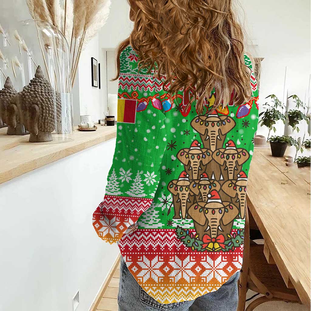 Mali Christmas Women Casual Shirt with Cartoon Elephant Pyramid Snowflakes and Holiday Lights - Wonder Print Shop