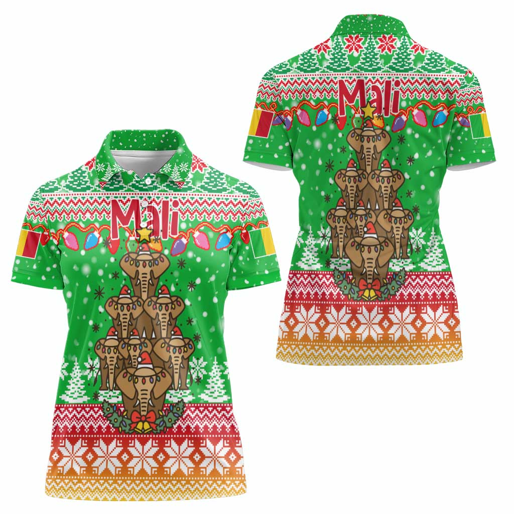 Mali Christmas Women Polo Shirt with Cartoon Elephant Pyramid Snowflakes and Holiday Lights - Wonder Print Shop