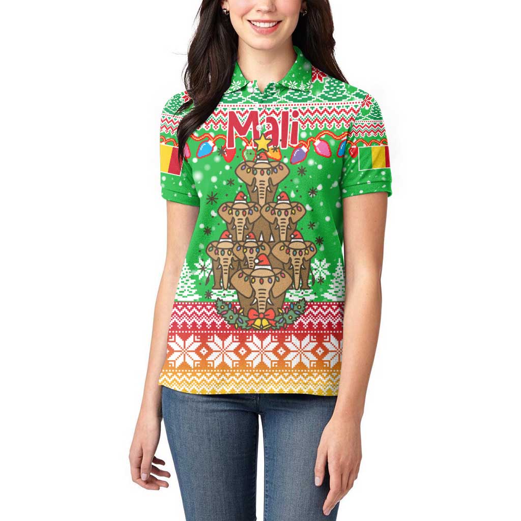 Mali Christmas Women Polo Shirt with Cartoon Elephant Pyramid Snowflakes and Holiday Lights - Wonder Print Shop