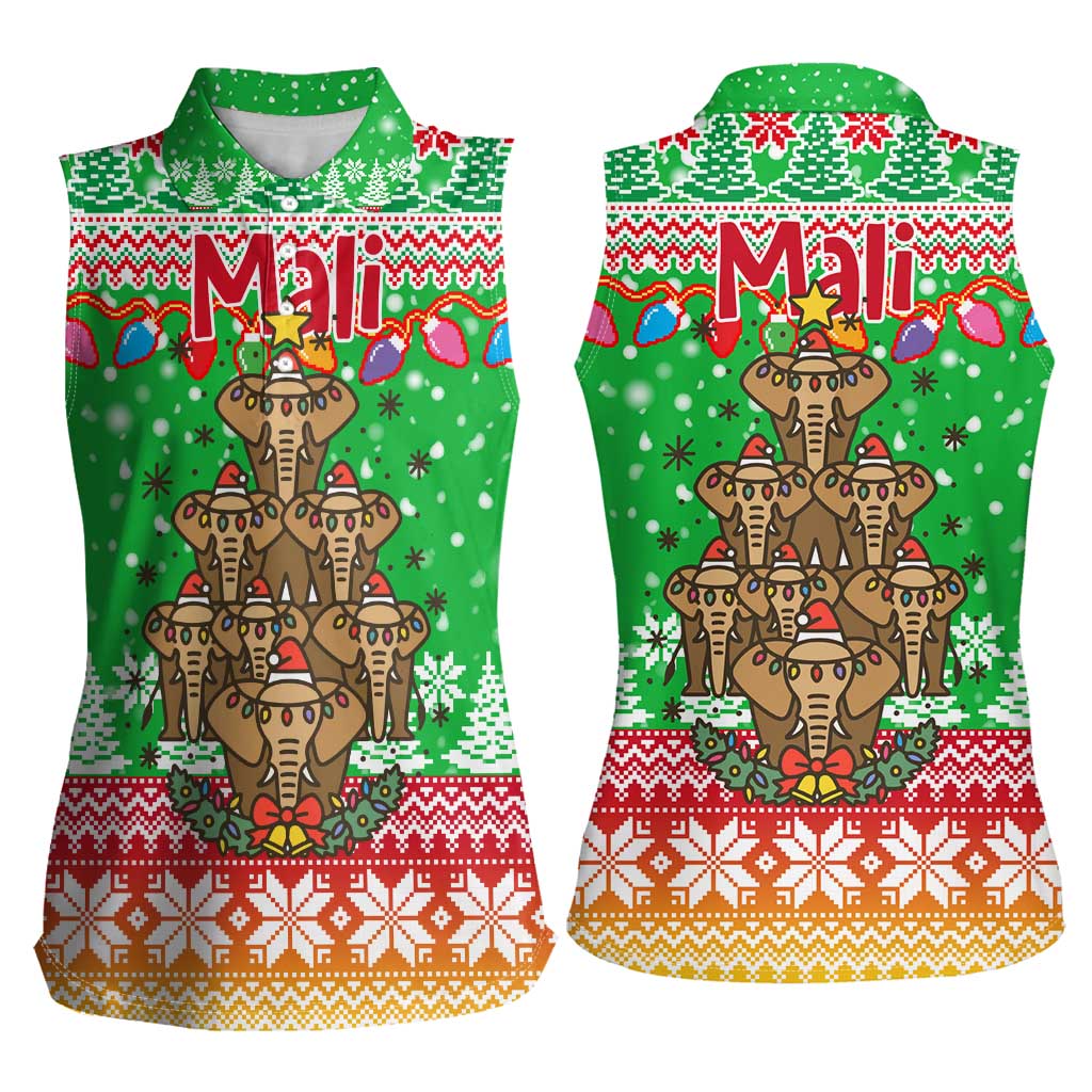 Mali Christmas Women Sleeveless Polo Shirt with Cartoon Elephant Pyramid Snowflakes and Holiday Lights - Wonder Print Shop