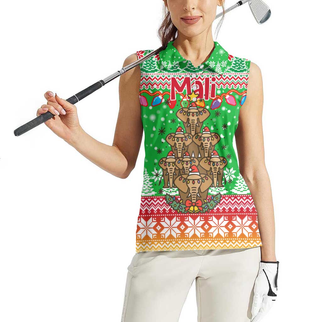 Mali Christmas Women Sleeveless Polo Shirt with Cartoon Elephant Pyramid Snowflakes and Holiday Lights - Wonder Print Shop