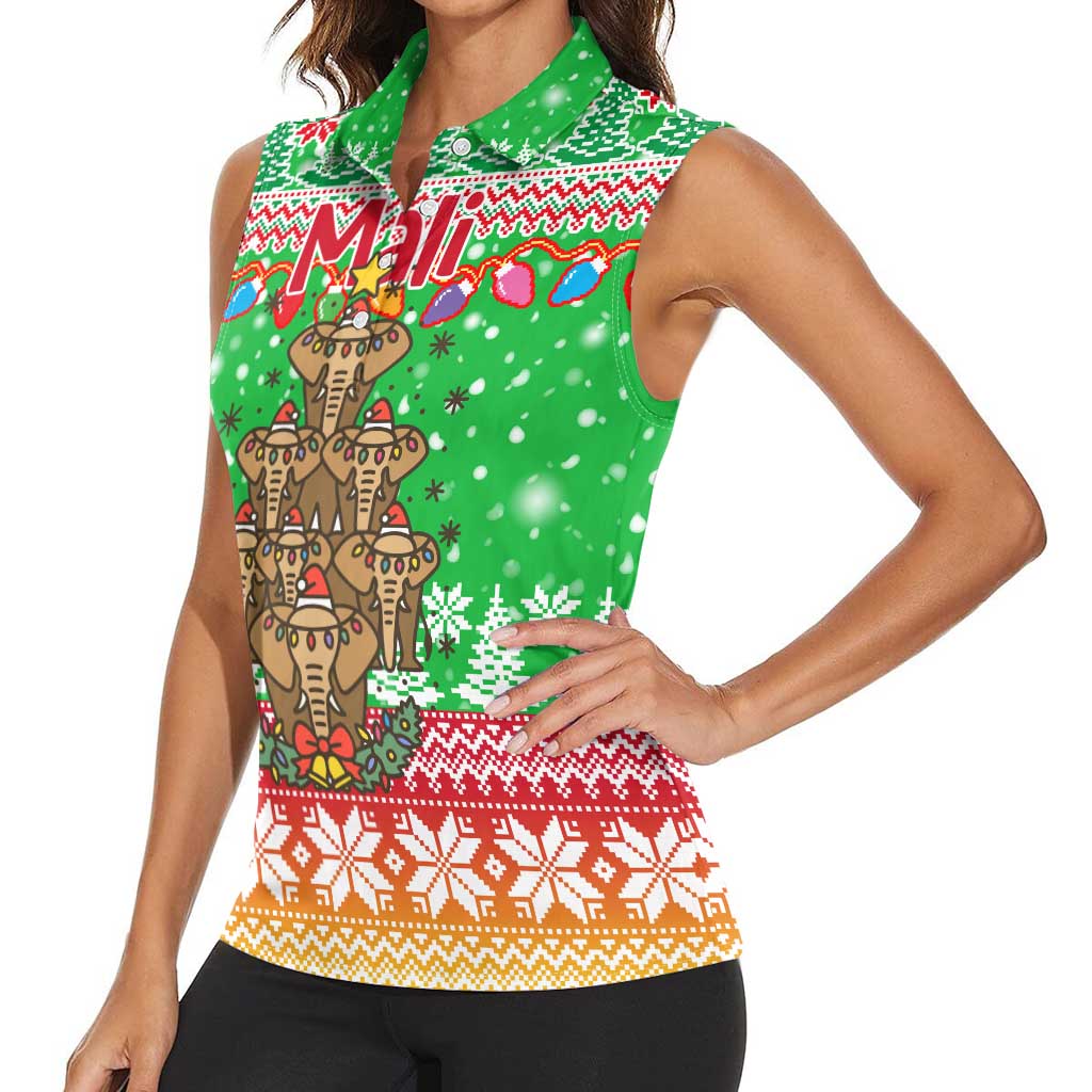 Mali Christmas Women Sleeveless Polo Shirt with Cartoon Elephant Pyramid Snowflakes and Holiday Lights - Wonder Print Shop