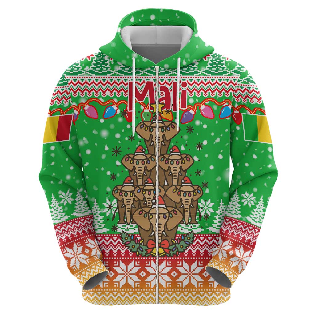 Mali Christmas Zip Hoodie with Cartoon Elephant Pyramid Snowflakes and Holiday Lights - Wonder Print Shop