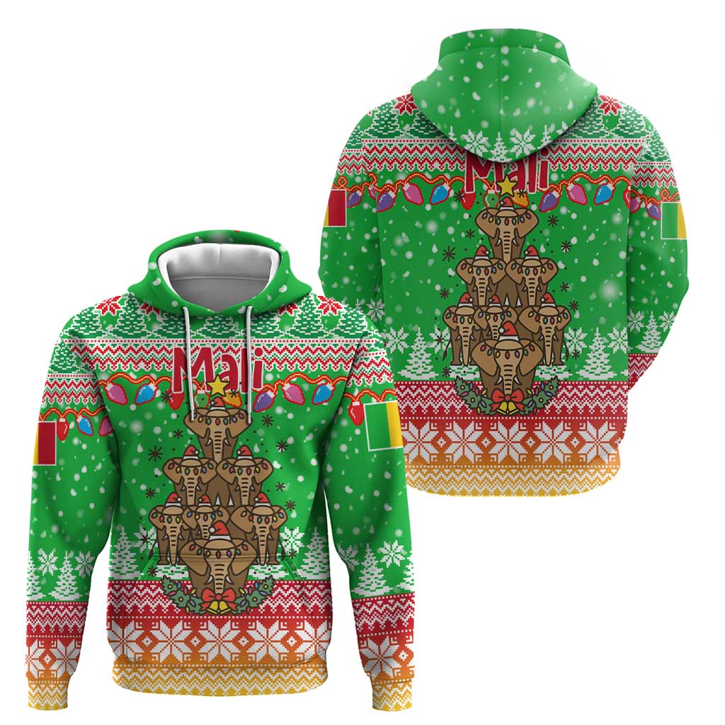 Mali Christmas Zip Hoodie with Cartoon Elephant Pyramid Snowflakes and Holiday Lights - Wonder Print Shop