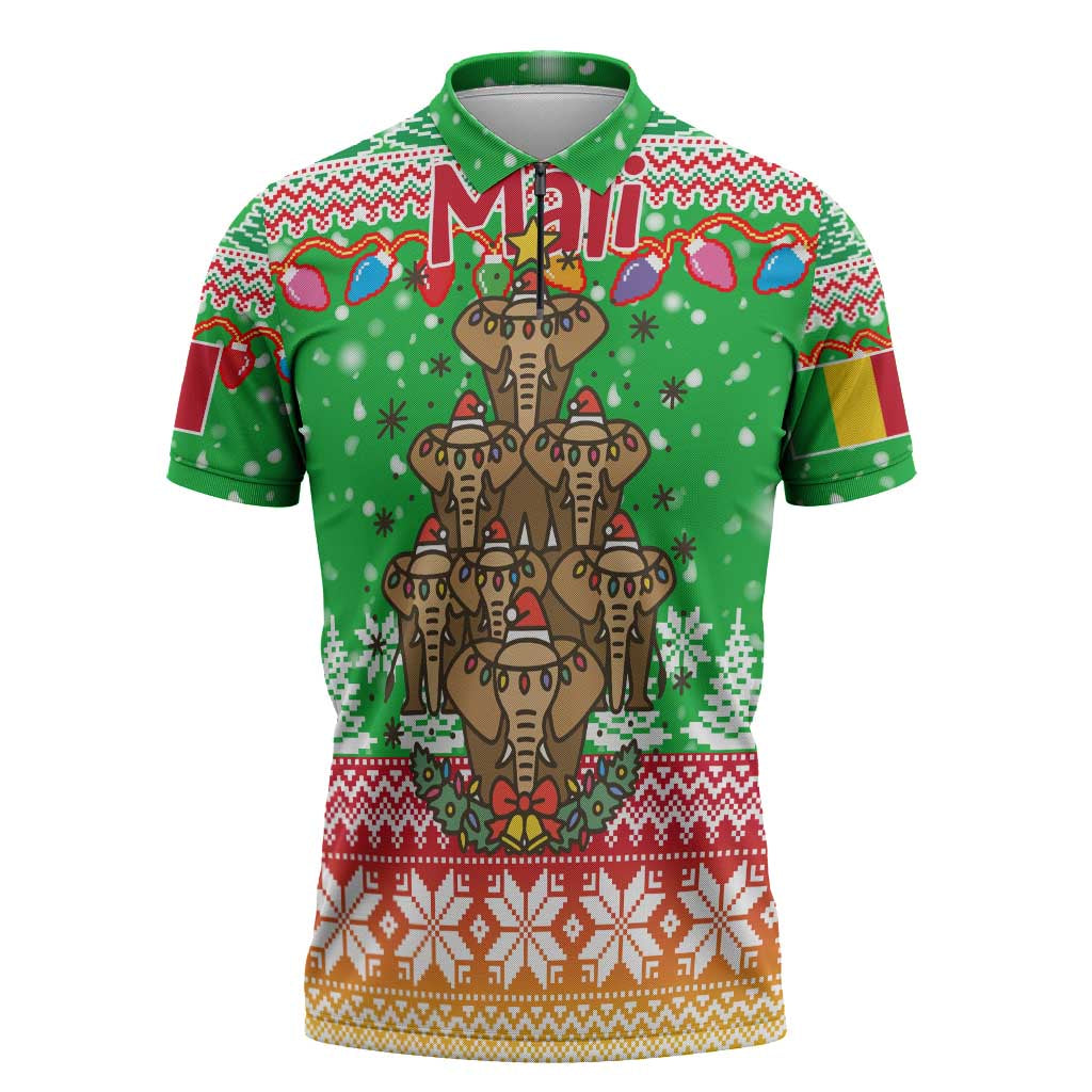 Mali Christmas Zipper Polo Shirt with Cartoon Elephant Pyramid Snowflakes and Holiday Lights - Wonder Print Shop