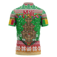 Mali Christmas Zipper Polo Shirt with Cartoon Elephant Pyramid Snowflakes and Holiday Lights - Wonder Print Shop