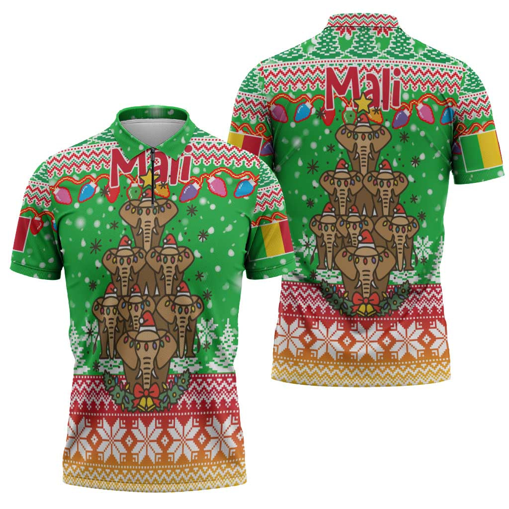 Mali Christmas Zipper Polo Shirt with Cartoon Elephant Pyramid Snowflakes and Holiday Lights - Wonder Print Shop