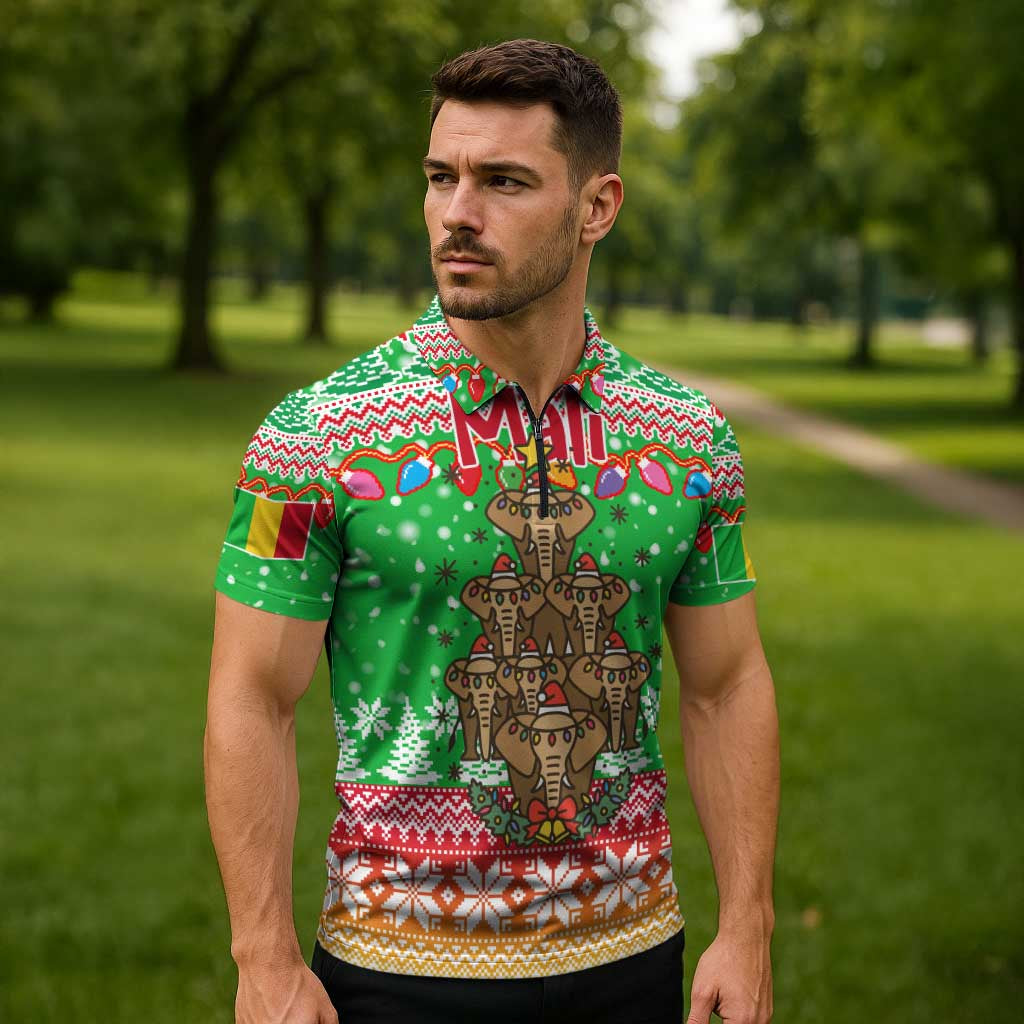 Mali Christmas Zipper Polo Shirt with Cartoon Elephant Pyramid Snowflakes and Holiday Lights - Wonder Print Shop