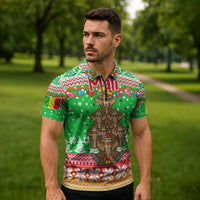 Mali Christmas Zipper Polo Shirt with Cartoon Elephant Pyramid Snowflakes and Holiday Lights - Wonder Print Shop