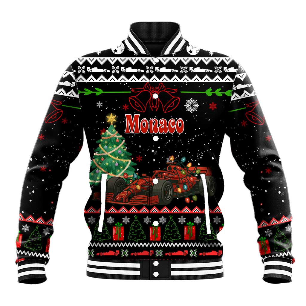 Monaco Christmas Baseball Jacket with Race Car Christmas Tree and Snowflake Holiday - Wonder Print Shop