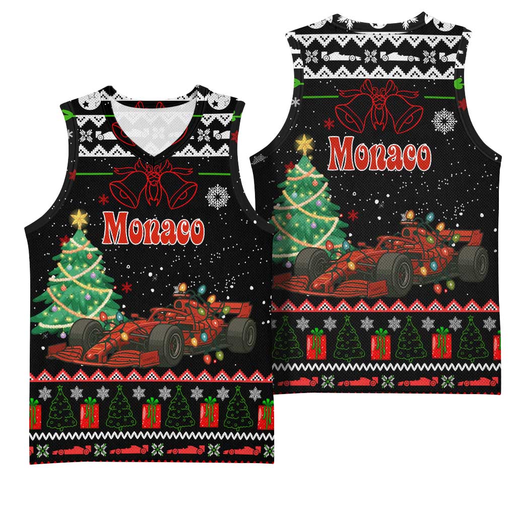 Monaco Christmas Basketball Jersey with Race Car Christmas Tree and Snowflake Holiday - Wonder Print Shop