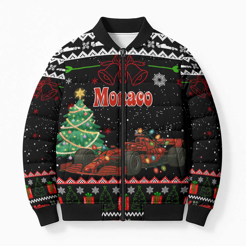 Monaco Christmas Bomber Puffer Jacket with Race Car Christmas Tree and Snowflake Holiday - Wonder Print Shop
