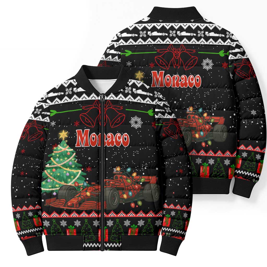 Monaco Christmas Bomber Puffer Jacket with Race Car Christmas Tree and Snowflake Holiday - Wonder Print Shop