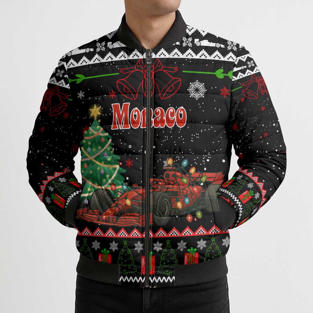 Monaco Christmas Bomber Puffer Jacket with Race Car Christmas Tree and Snowflake Holiday - Wonder Print Shop