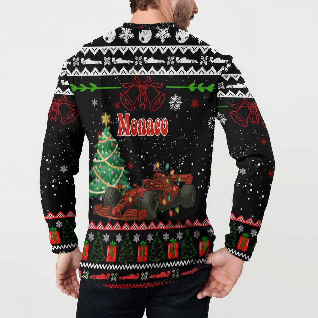 Monaco Christmas Button Sweatshirt with Race Car Christmas Tree and Snowflake Holiday - Wonder Print Shop