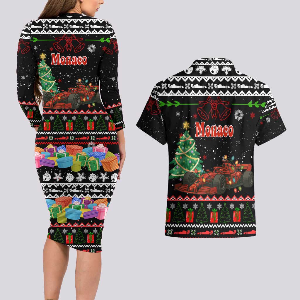 Monaco Christmas Couples Matching Long Sleeve Bodycon Dress and Hawaiian Shirt with Race Car Christmas Tree and Snowflake Holiday - Wonder Print Shop