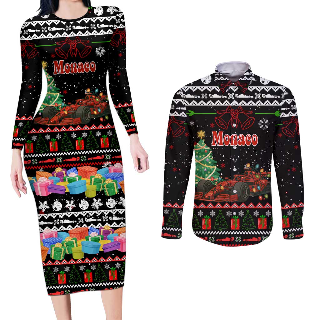 Monaco Christmas Couples Matching Long Sleeve Bodycon Dress and Long Sleeve Button Shirt with Race Car Christmas Tree and Snowflake Holiday - Wonder Print Shop