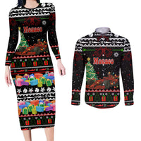 Monaco Christmas Couples Matching Long Sleeve Bodycon Dress and Long Sleeve Button Shirt with Race Car Christmas Tree and Snowflake Holiday - Wonder Print Shop