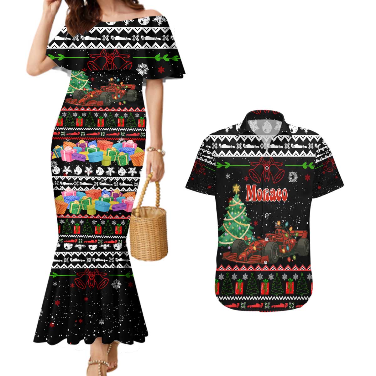 Monaco Christmas Couples Matching Mermaid Dress and Hawaiian Shirt with Race Car Christmas Tree and Snowflake Holiday - Wonder Print Shop