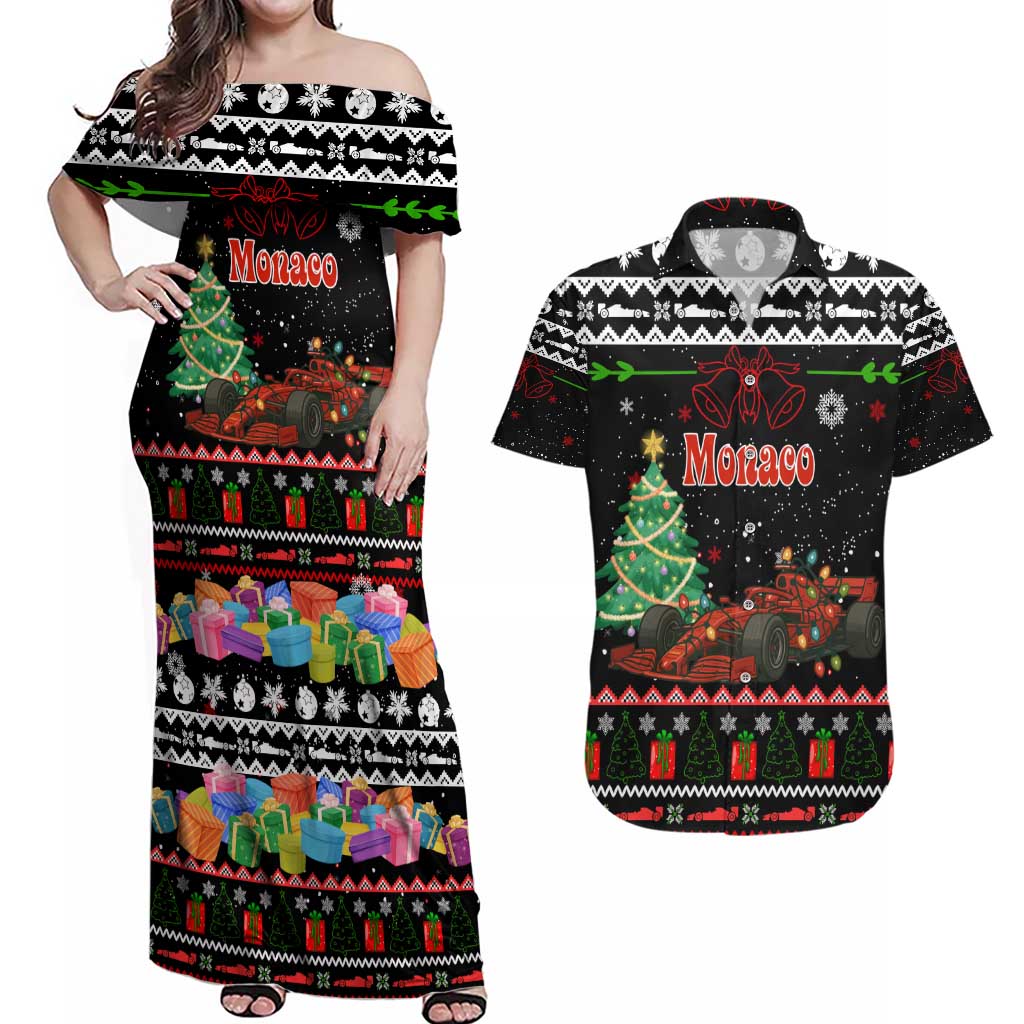Monaco Christmas Couples Matching Off Shoulder Maxi Dress and Hawaiian Shirt with Race Car Christmas Tree and Snowflake Holiday - Wonder Print Shop