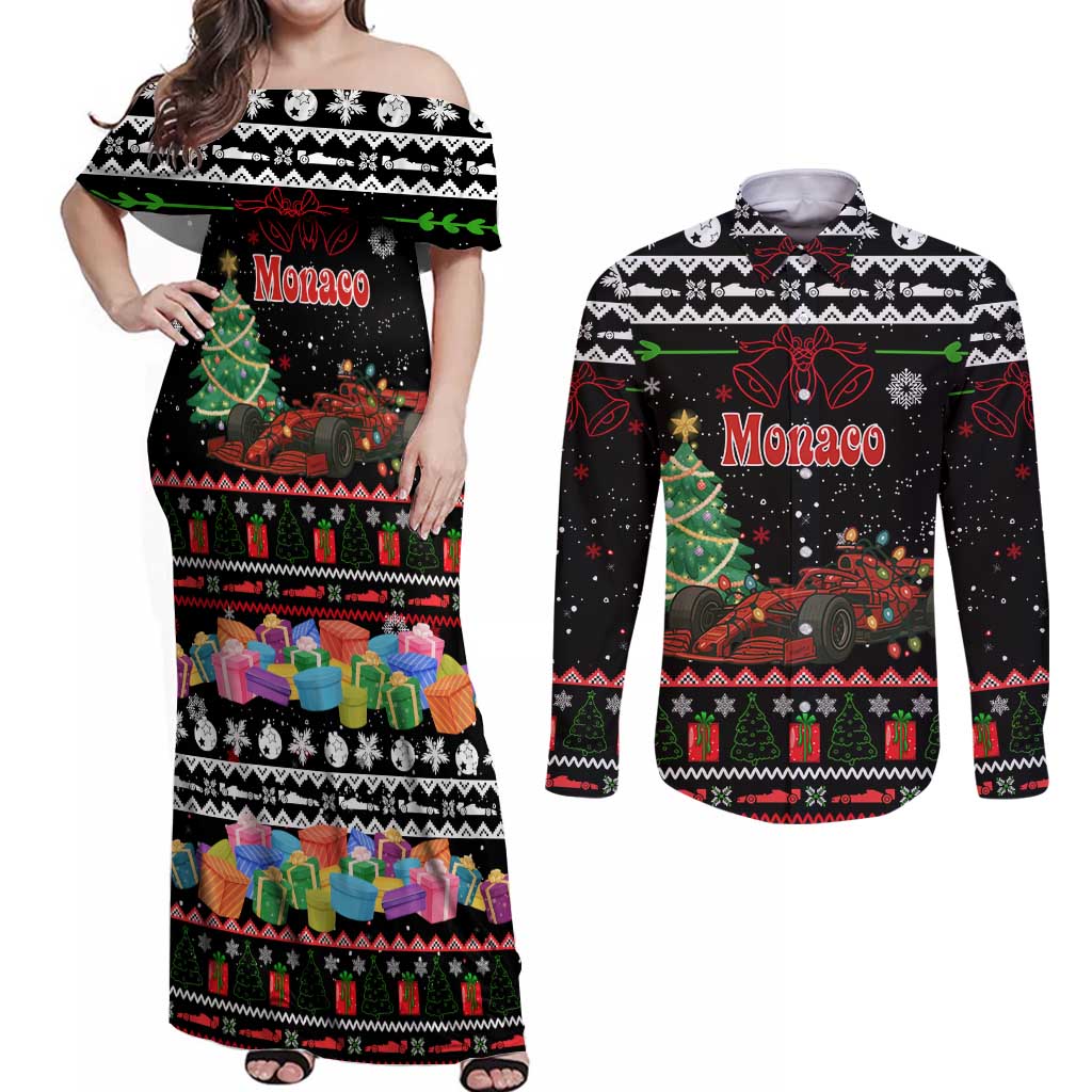 Monaco Christmas Couples Matching Off Shoulder Maxi Dress and Long Sleeve Button Shirt with Race Car Christmas Tree and Snowflake Holiday - Wonder Print Shop