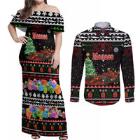 Monaco Christmas Couples Matching Off Shoulder Maxi Dress and Long Sleeve Button Shirt with Race Car Christmas Tree and Snowflake Holiday - Wonder Print Shop