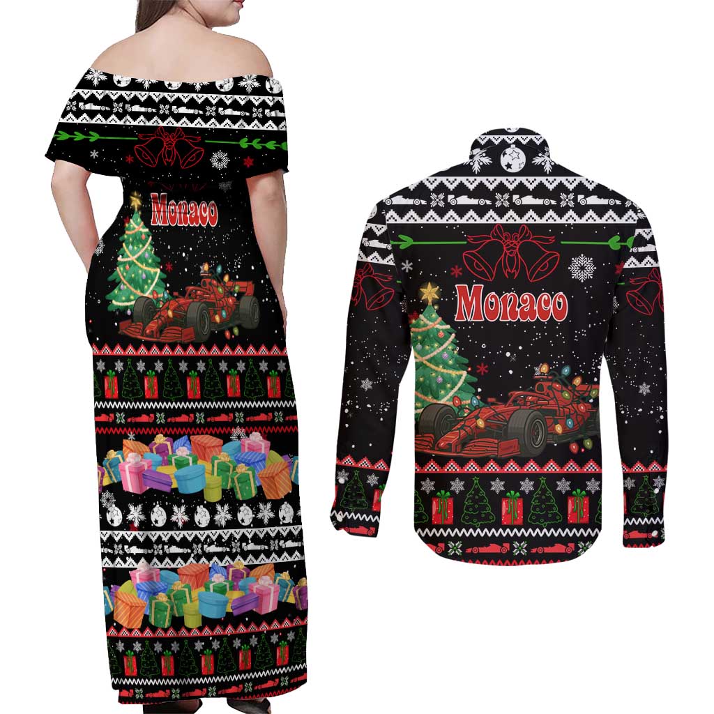 Monaco Christmas Couples Matching Off Shoulder Maxi Dress and Long Sleeve Button Shirt with Race Car Christmas Tree and Snowflake Holiday - Wonder Print Shop