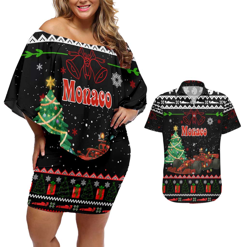 Monaco Christmas Couples Matching Off Shoulder Short Dress and Hawaiian Shirt with Race Car Christmas Tree and Snowflake Holiday - Wonder Print Shop