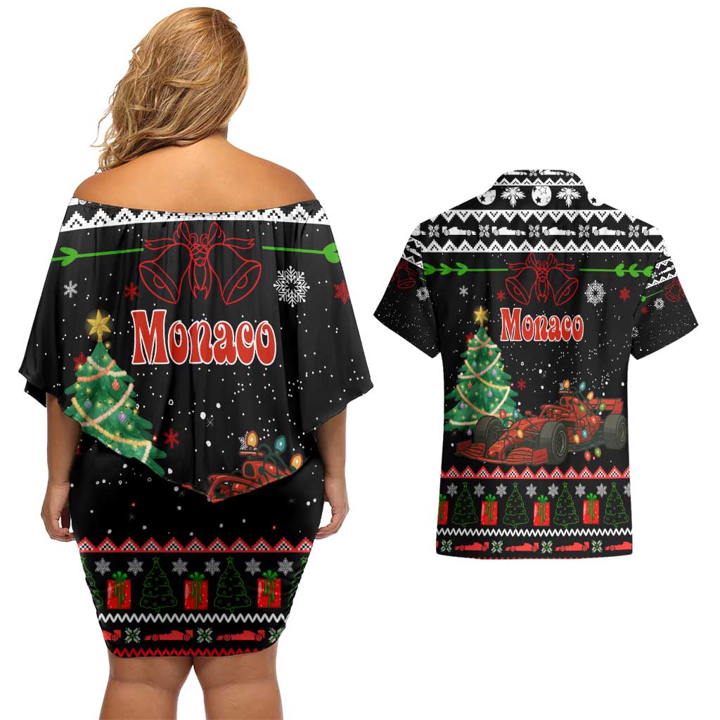 Monaco Christmas Couples Matching Off Shoulder Short Dress and Hawaiian Shirt with Race Car Christmas Tree and Snowflake Holiday - Wonder Print Shop