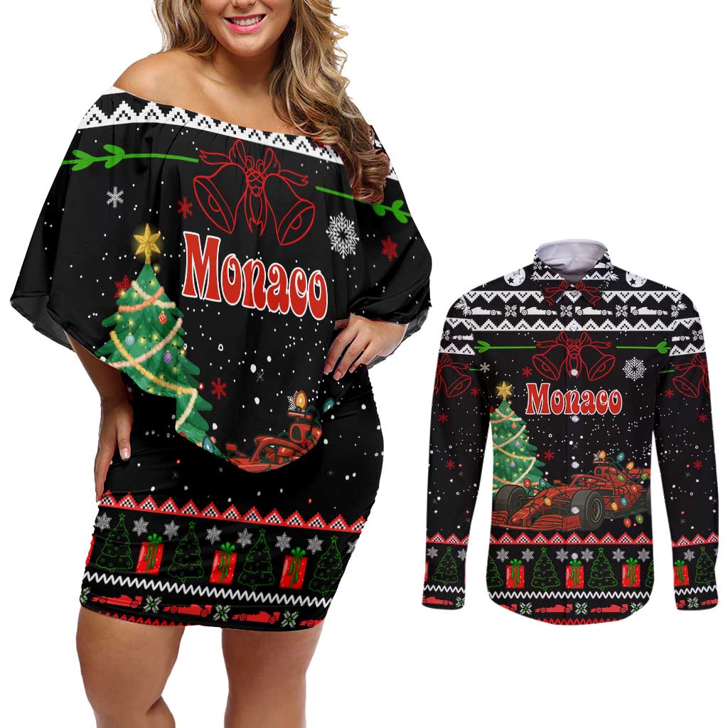 Monaco Christmas Couples Matching Off Shoulder Short Dress and Long Sleeve Button Shirt with Race Car Christmas Tree and Snowflake Holiday - Wonder Print Shop
