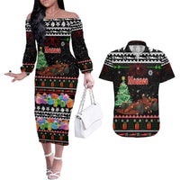 Monaco Christmas Couples Matching Off The Shoulder Long Sleeve Dress and Hawaiian Shirt with Race Car Christmas Tree and Snowflake Holiday - Wonder Print Shop
