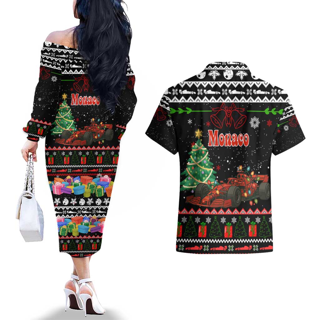 Monaco Christmas Couples Matching Off The Shoulder Long Sleeve Dress and Hawaiian Shirt with Race Car Christmas Tree and Snowflake Holiday - Wonder Print Shop