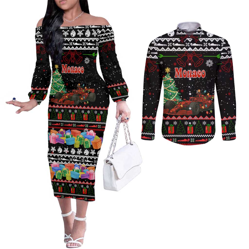 Monaco Christmas Couples Matching Off The Shoulder Long Sleeve Dress and Long Sleeve Button Shirt with Race Car Christmas Tree and Snowflake Holiday - Wonder Print Shop