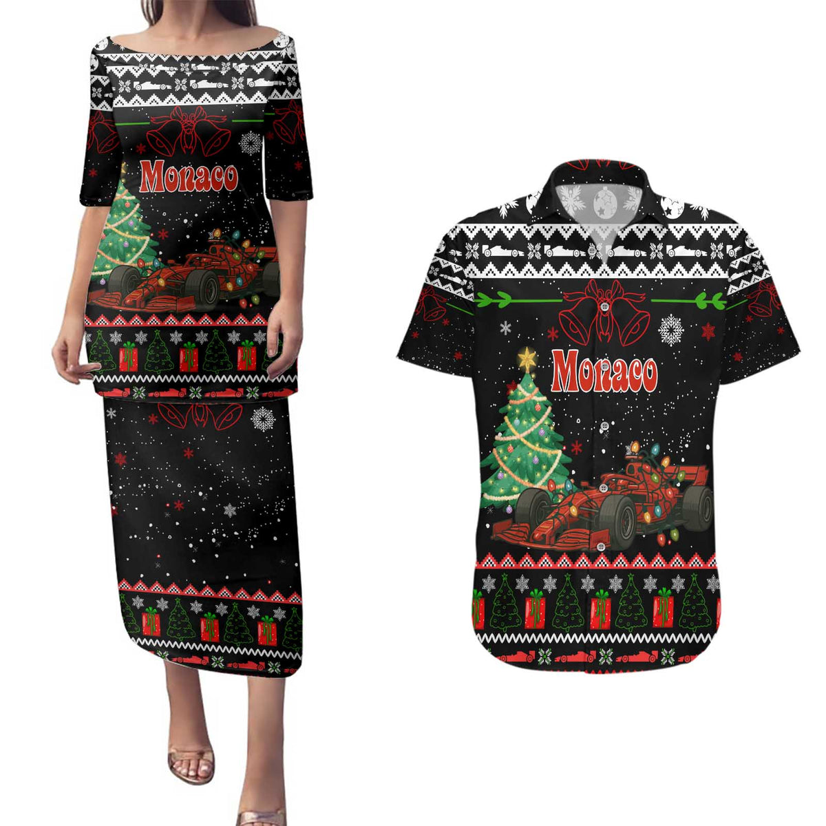 Monaco Christmas Couples Matching Puletasi and Hawaiian Shirt with Race Car Christmas Tree and Snowflake Holiday - Wonder Print Shop