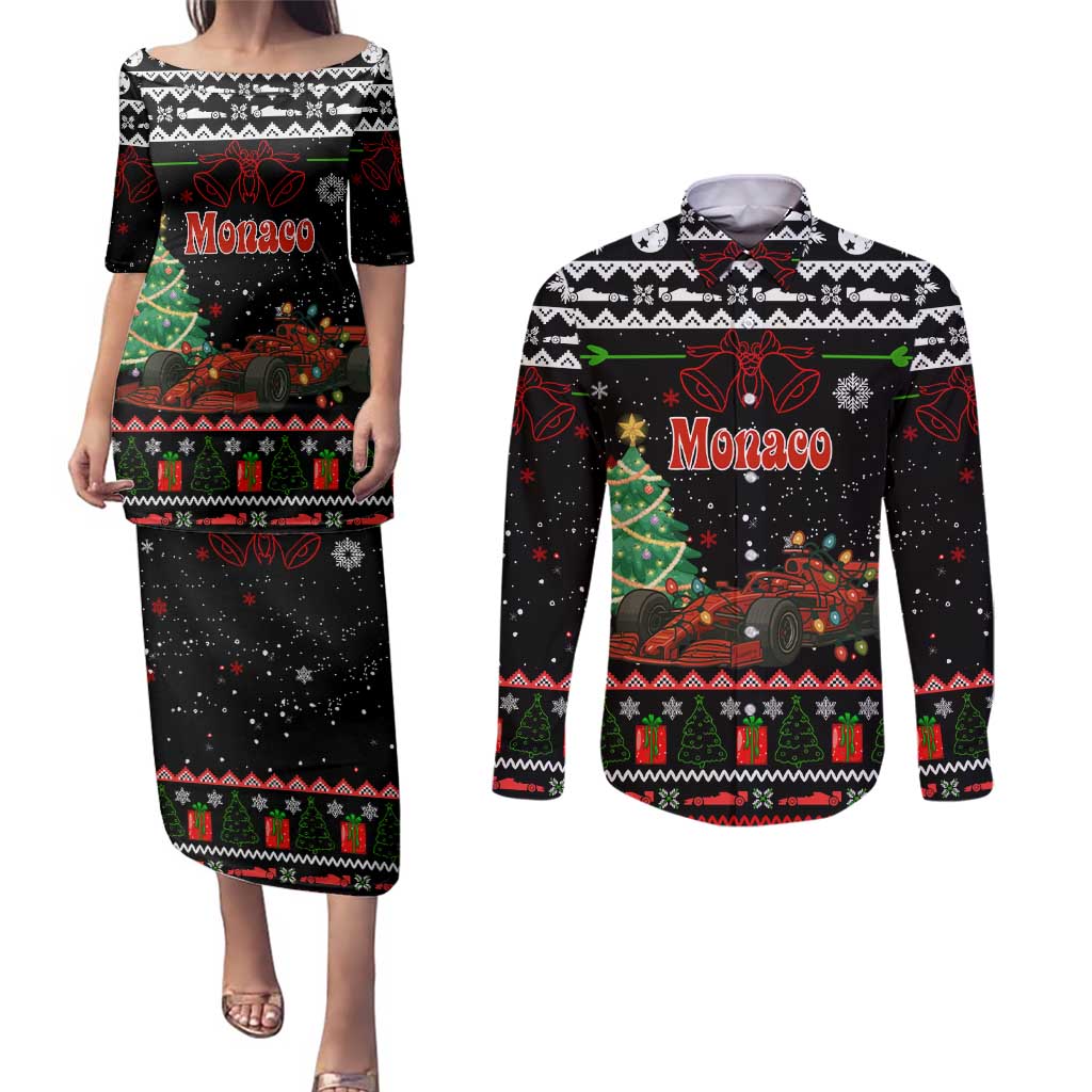 Monaco Christmas Couples Matching Puletasi and Long Sleeve Button Shirt with Race Car Christmas Tree and Snowflake Holiday - Wonder Print Shop