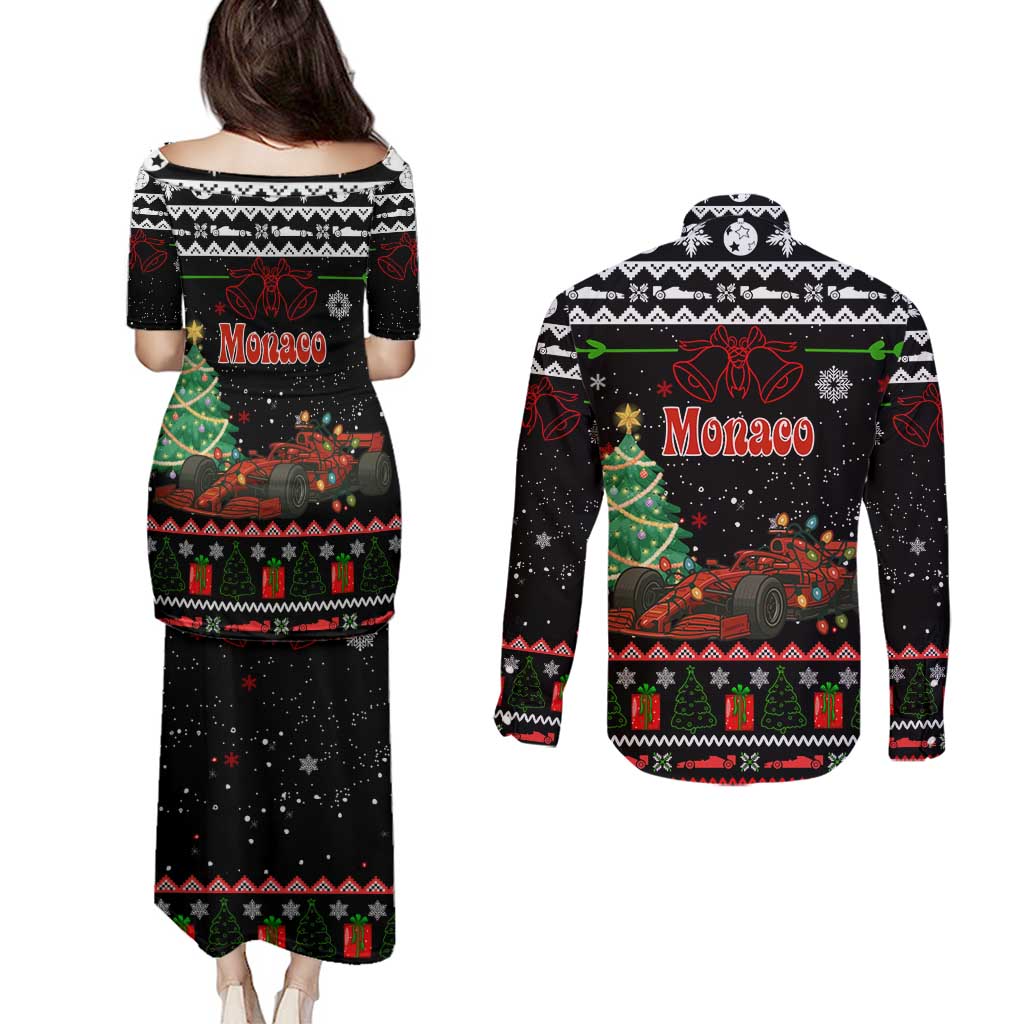 Monaco Christmas Couples Matching Puletasi and Long Sleeve Button Shirt with Race Car Christmas Tree and Snowflake Holiday - Wonder Print Shop