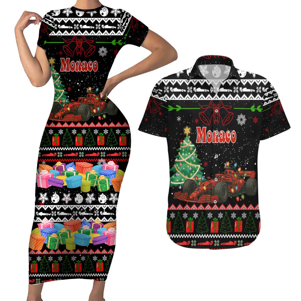 Monaco Christmas Couples Matching Short Sleeve Bodycon Dress and Hawaiian Shirt with Race Car Christmas Tree and Snowflake Holiday - Wonder Print Shop