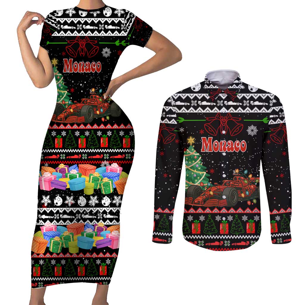 Monaco Christmas Couples Matching Short Sleeve Bodycon Dress and Long Sleeve Button Shirt with Race Car Christmas Tree and Snowflake Holiday - Wonder Print Shop