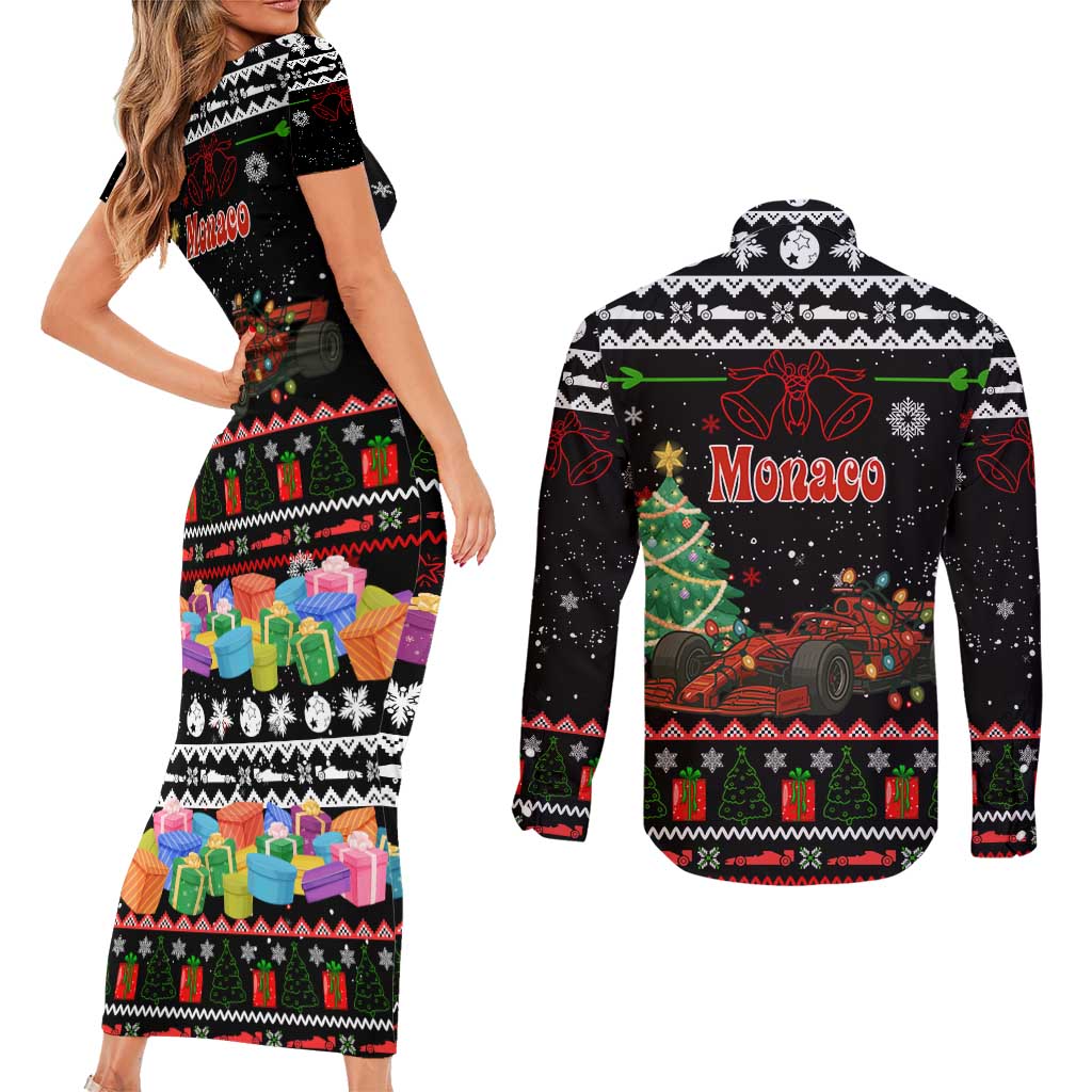 Monaco Christmas Couples Matching Short Sleeve Bodycon Dress and Long Sleeve Button Shirt with Race Car Christmas Tree and Snowflake Holiday - Wonder Print Shop