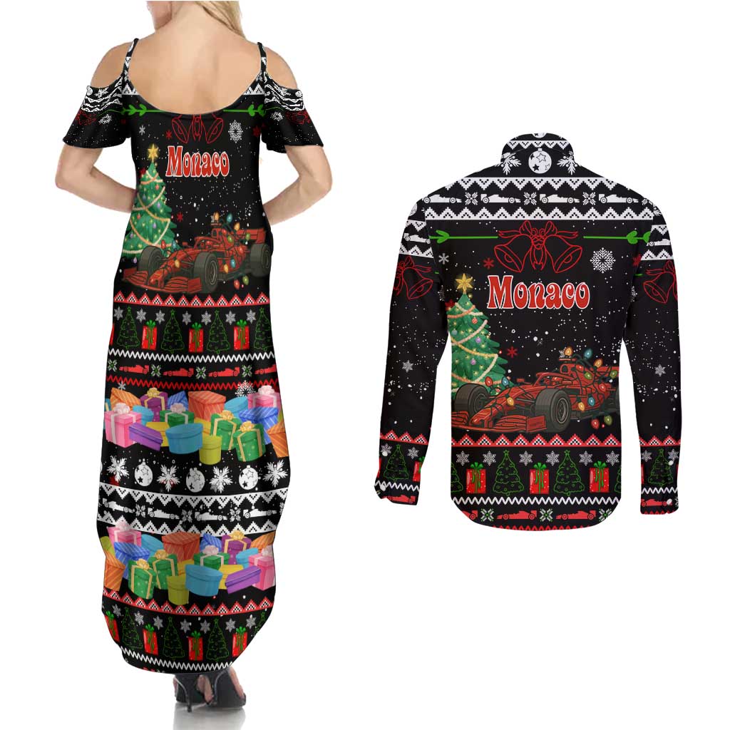 Monaco Christmas Couples Matching Summer Maxi Dress and Long Sleeve Button Shirt with Race Car Christmas Tree and Snowflake Holiday - Wonder Print Shop