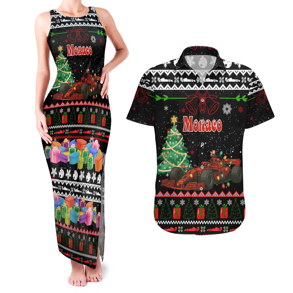 Monaco Christmas Couples Matching Tank Maxi Dress and Hawaiian Shirt with Race Car Christmas Tree and Snowflake Holiday - Wonder Print Shop