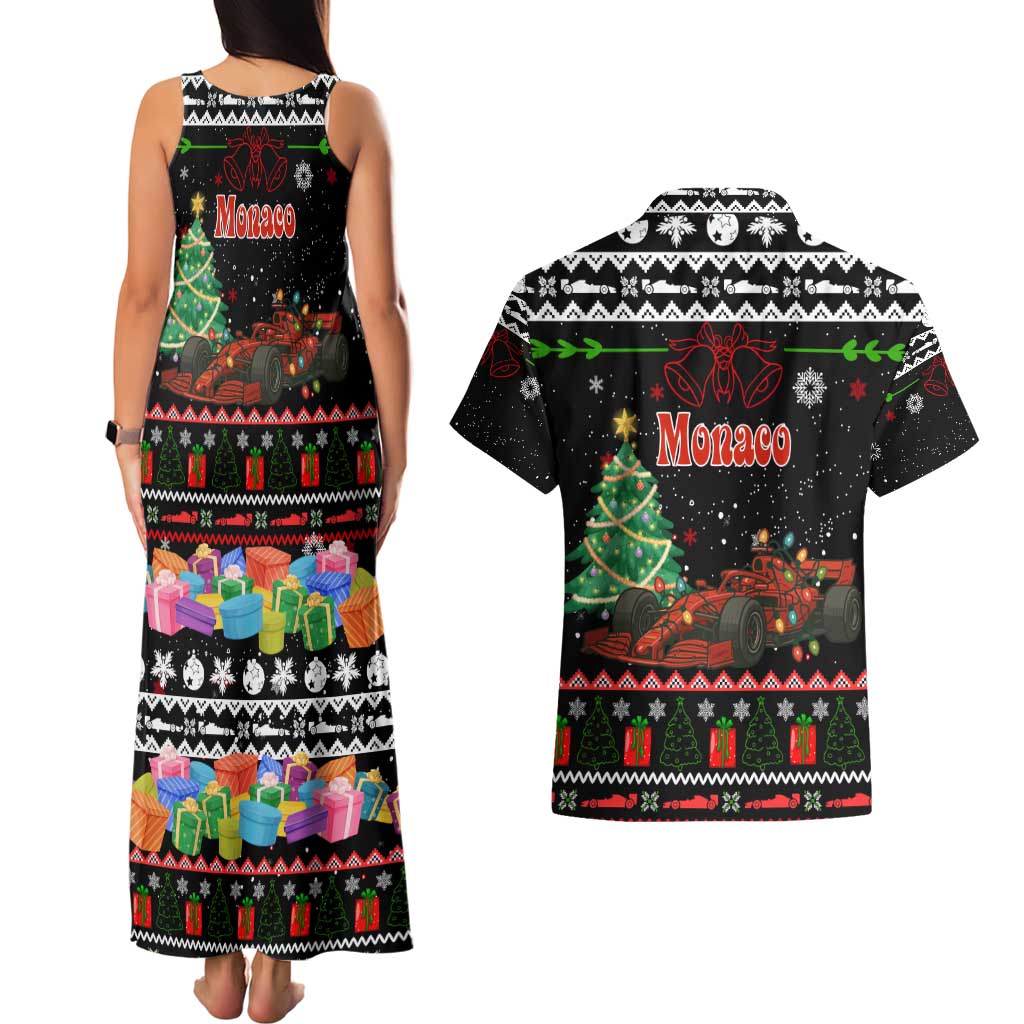 Monaco Christmas Couples Matching Tank Maxi Dress and Hawaiian Shirt with Race Car Christmas Tree and Snowflake Holiday - Wonder Print Shop