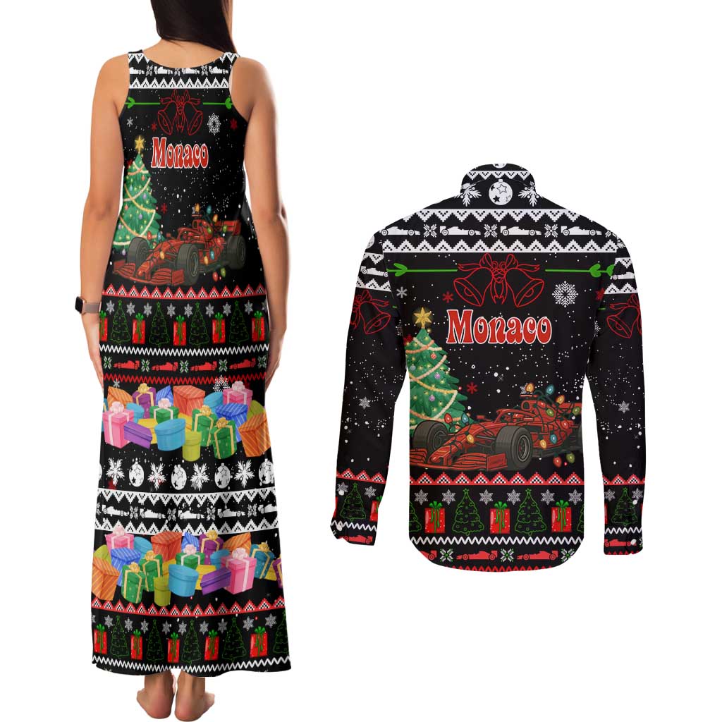 Monaco Christmas Couples Matching Tank Maxi Dress and Long Sleeve Button Shirt with Race Car Christmas Tree and Snowflake Holiday - Wonder Print Shop
