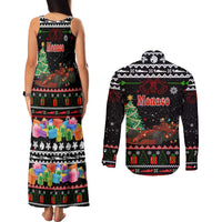 Monaco Christmas Couples Matching Tank Maxi Dress and Long Sleeve Button Shirt with Race Car Christmas Tree and Snowflake Holiday - Wonder Print Shop