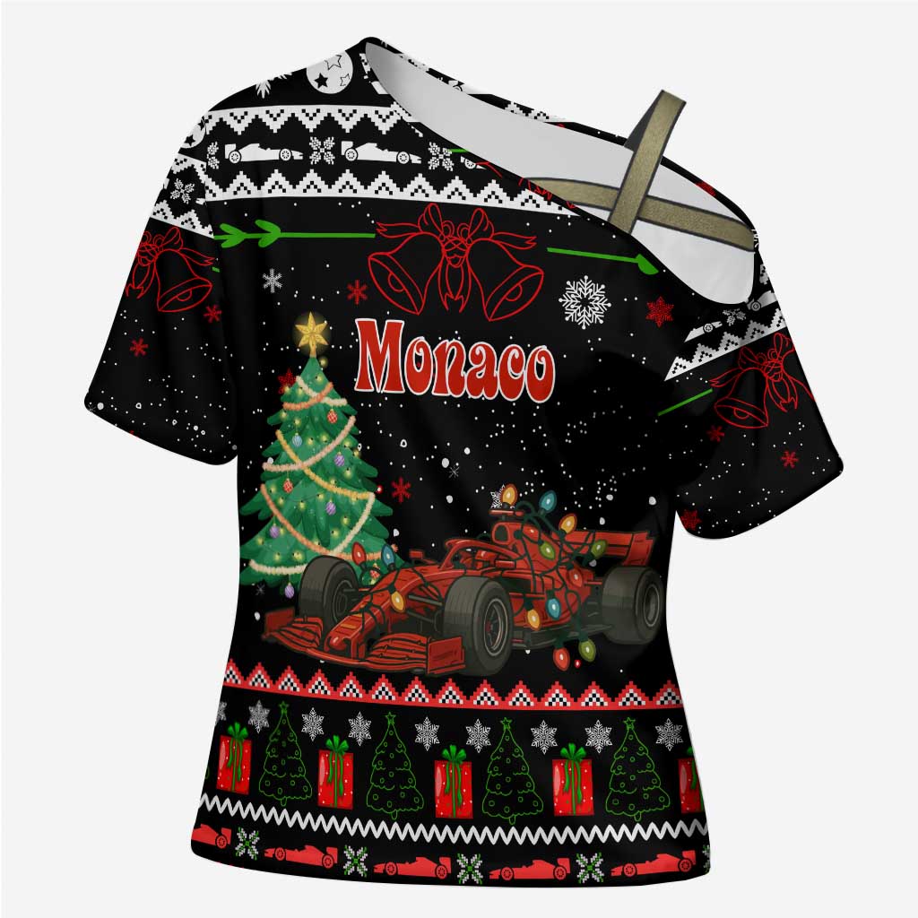 Monaco Christmas Cross Shoulder Shirt with Race Car Christmas Tree and Snowflake Holiday - Wonder Print Shop