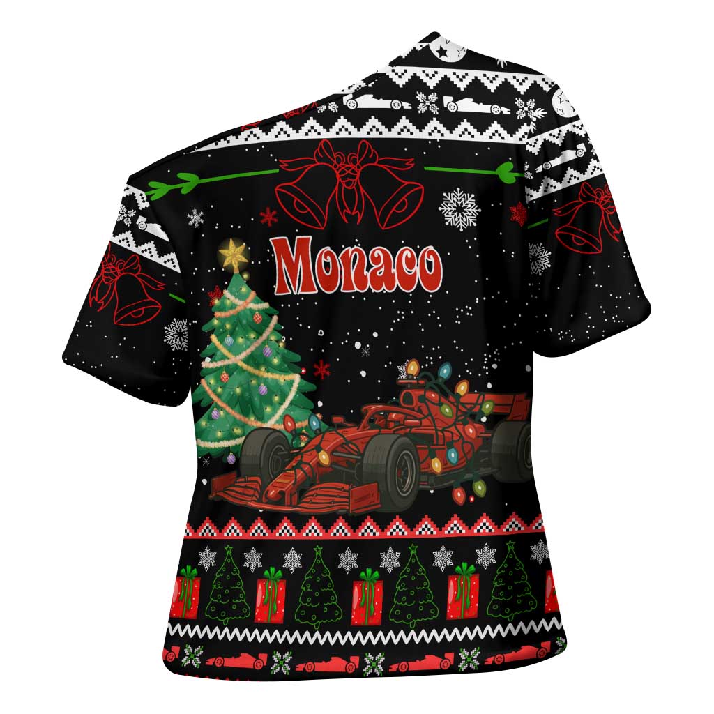 Monaco Christmas Cross Shoulder Shirt with Race Car Christmas Tree and Snowflake Holiday - Wonder Print Shop