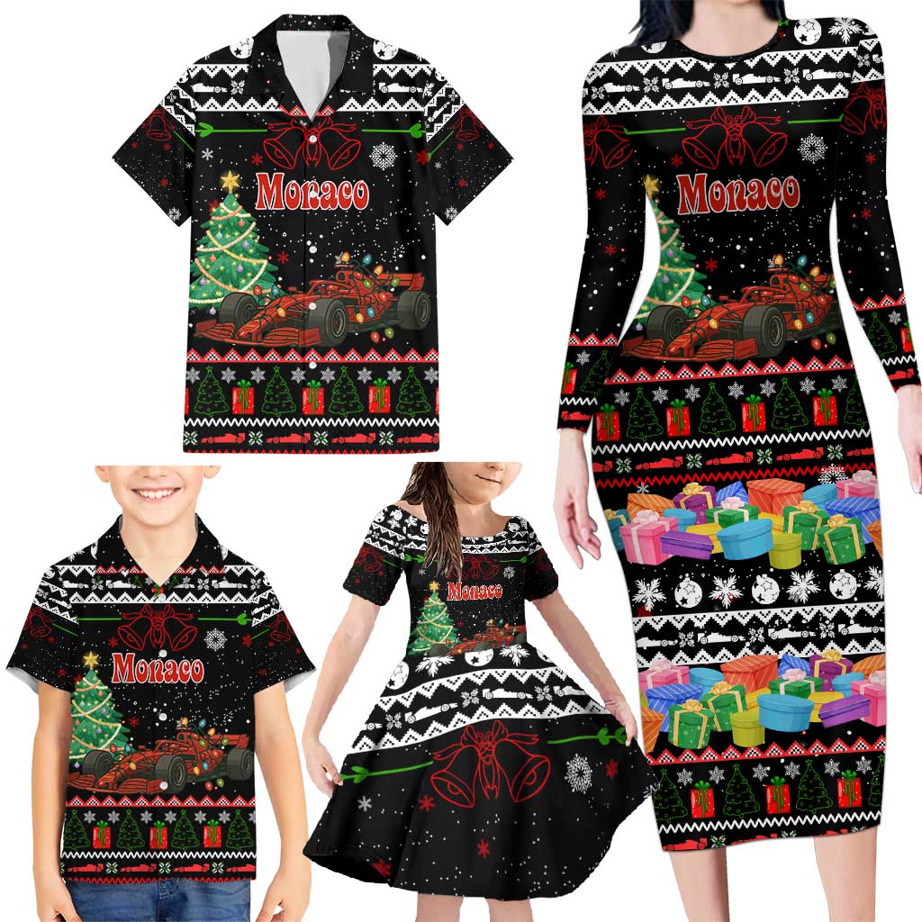 Monaco Christmas Family Matching Long Sleeve Bodycon Dress and Hawaiian Shirt with Race Car Christmas Tree and Snowflake Holiday - Wonder Print Shop