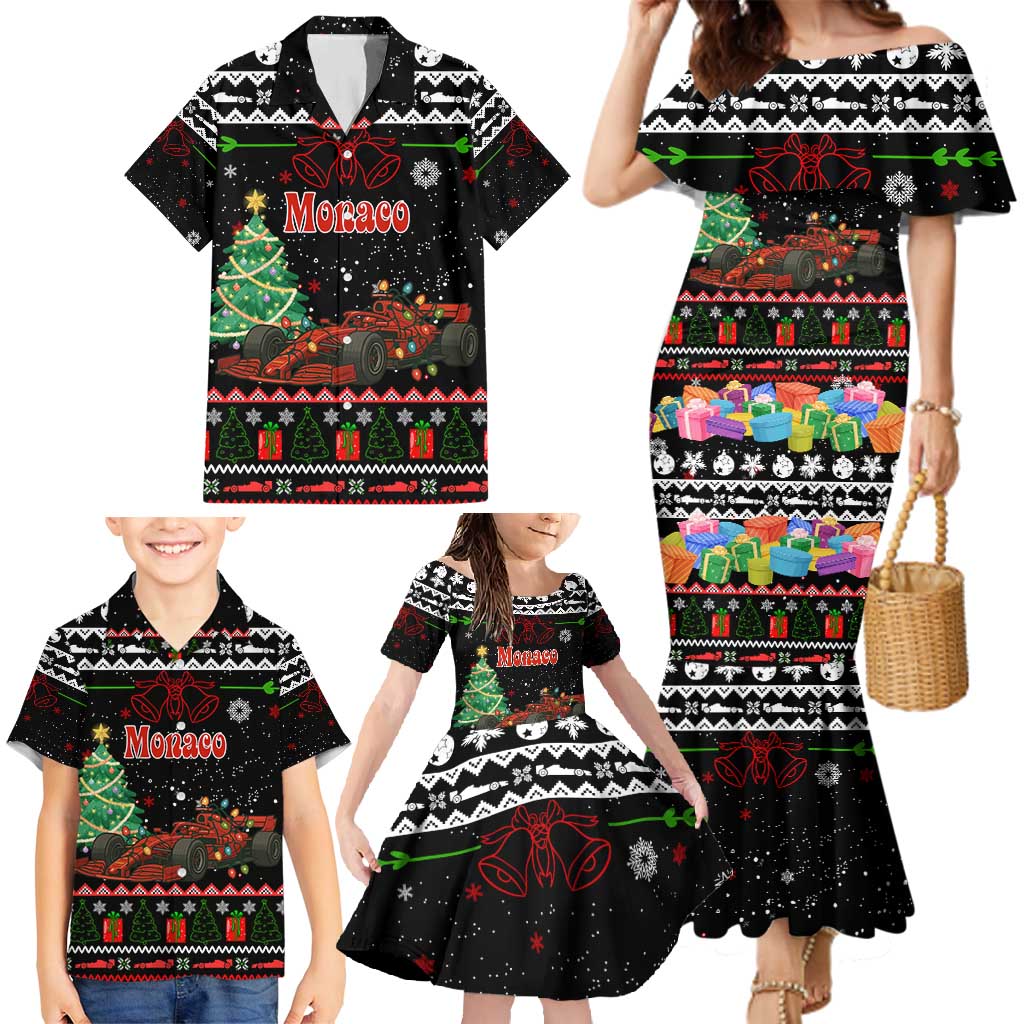 Monaco Christmas Family Matching Mermaid Dress and Hawaiian Shirt with Race Car Christmas Tree and Snowflake Holiday - Wonder Print Shop
